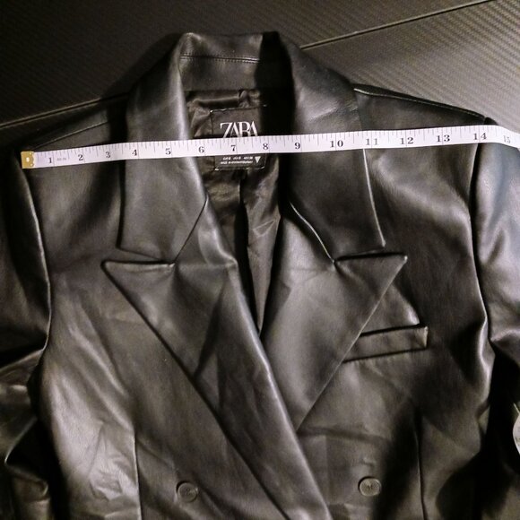Zara Black Double Breasted Vegan Leather Fitted Blazer Jacket Sharp Lapels S - Picture 12 of 13